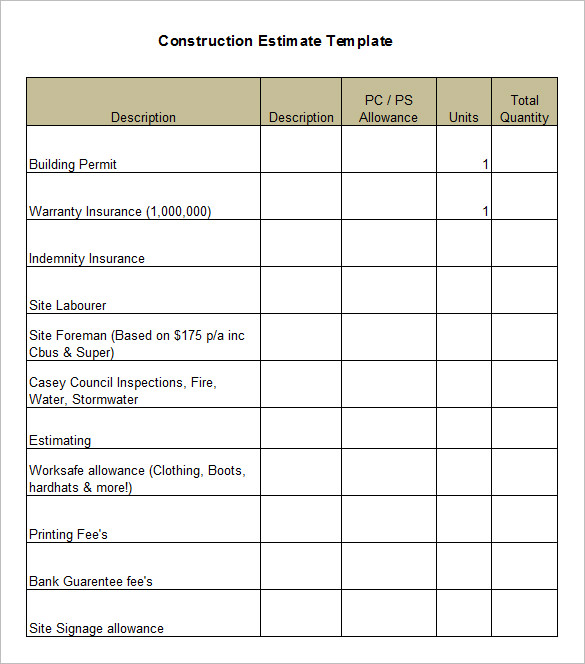 7 Free Construction Estimate Templates Collections